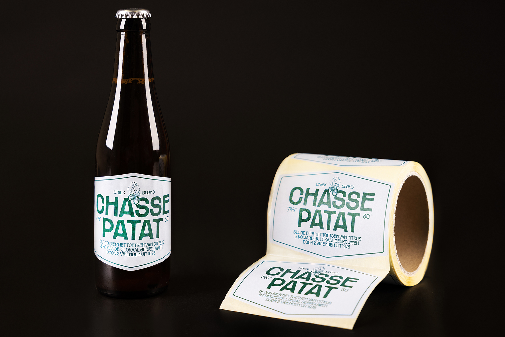 Etiketten op rol, bierflesje Chasse Patat